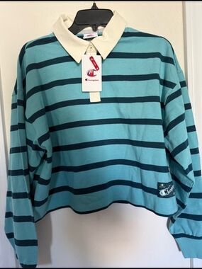 Champion Striped Rugby Shirt in Teal & Navy with Cream Collar